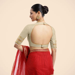  Farheen x Tyohaar | Cream Embellished Elbow Sleeves FlexiFit™ Saree Blouse with Zero Neck with Back Cut-Out and Gota Embellishment_5