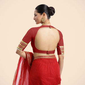 Farheen x Tyohaar | Crimson Red Embellished Elbow Sleeves FlexiFit™ Saree Blouse with Zero Neck with Back Cut-Out and Gota Embellishment