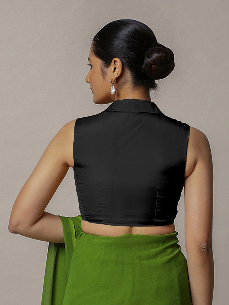 Avni x Rozaana | Bottle Green Sleeveless FlexiFit™ Saree Blouse with Elegant Shawl Collar Bestseller Combo @ 20% OFF-Binks