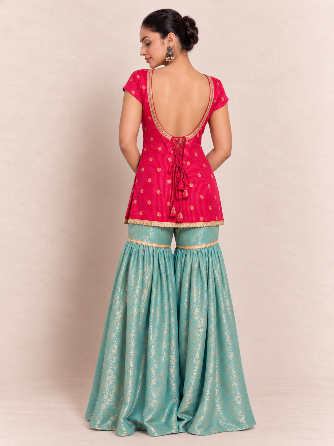 Diyana | Cap Sleeves Hot Pink Viscose CinchFit™ Kurta Sharara Set