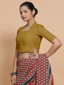 Ganga x Rozaana | Stylised Neck Khaki Plain Cotton Saree Blouse