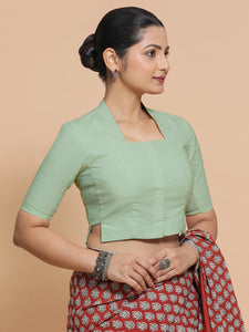 Ganga x Rozaana | Stylised Neck Light Sage Plain Cotton Saree Blouse