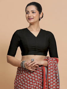 Garima x Rozaana | V-Neck Black Plain Cotton Saree Blouse