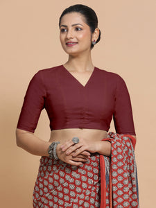 Garima x Rozaana | V-Neck Royal Maroon Plain Cotton Saree Blouse