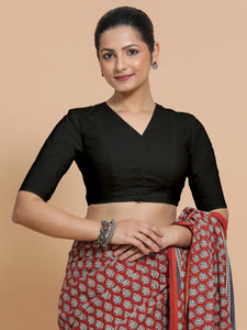 Garima x Rozaana | V-Neck Black Plain Cotton Saree Blouse