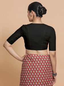 Garima x Rozaana | V-Neck Black Plain Cotton Saree Blouse