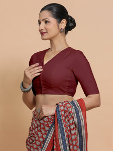 Garima x Rozaana | V-Neck Royal Maroon Plain Cotton Saree Blouse