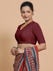 Garima x Rozaana | V-Neck Royal Maroon Plain Cotton Saree Blouse