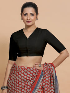 Garima x Rozaana | V-Neck Black Plain Cotton Saree Blouse