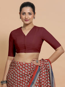 Garima x Rozaana | V-Neck Royal Maroon Plain Cotton Saree Blouse