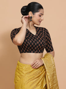 Gayatri x Rozaana | Elbow Sleeves Cotton Saree Blouse in Black Peacock Block Print Fabric