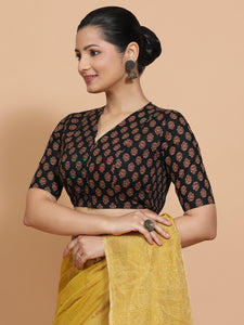 Gayatri x Rozaana | Elbow Sleeves Cotton Saree Blouse in Black Peacock Block Print Fabric