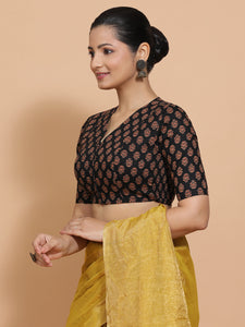 Gayatri x Rozaana | Elbow Sleeves Cotton Saree Blouse in Black Peacock Block Print Fabric