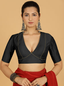 Ghazal x Rozaana | Elbow Sleeves Saree Blouse in Raven Black