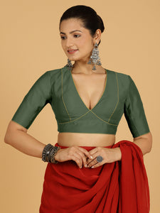 Ghazal x Rozaana | Elbow Sleeves Saree Blouse in Pine Green