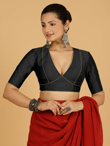 Ghazal x Rozaana | Elbow Sleeves Saree Blouse in Raven Black