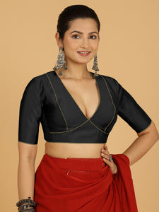 Ghazal x Rozaana | Elbow Sleeves Saree Blouse in Raven Black