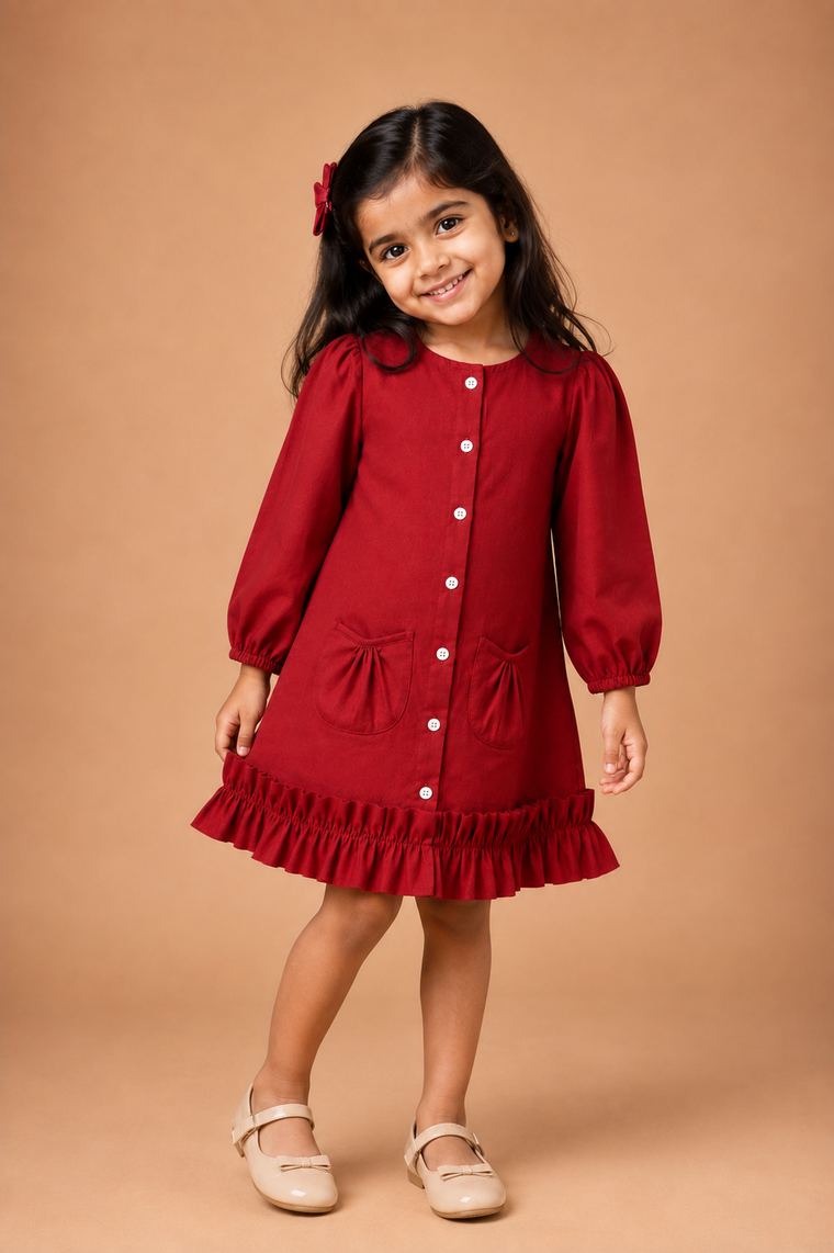 Gigi x Tyohaar | A-line Frock with Bubble Sleeve in Cranberry Red Linen