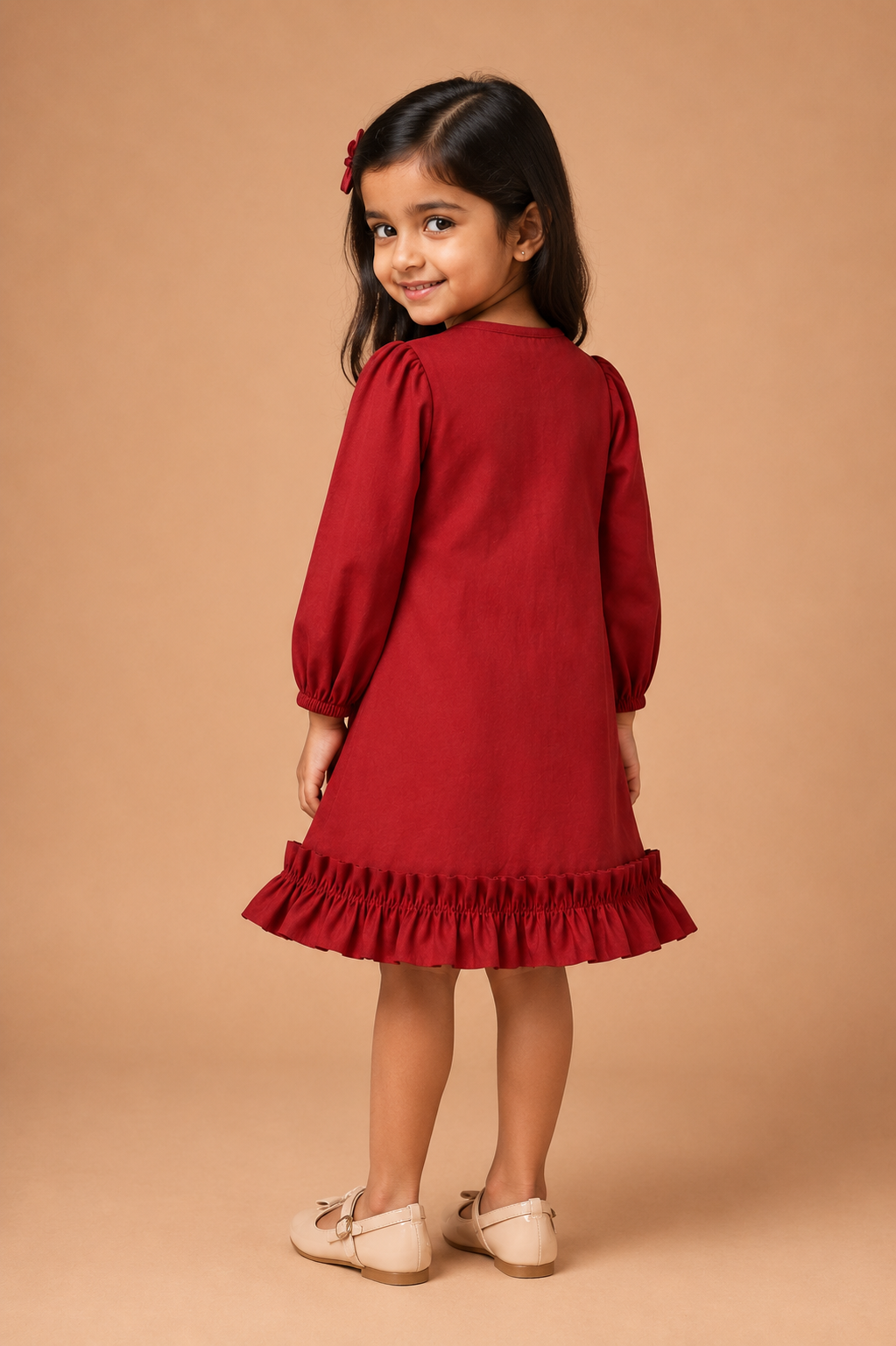 Gigi x Tyohaar | A-line Frock with Bubble Sleeve in Cranberry Red Linen