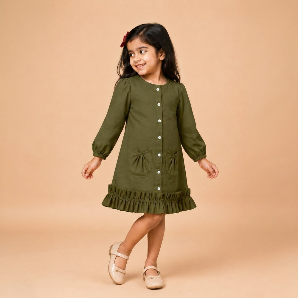 Gigi x Tyohaar | A-line Frock with Bubble Sleeve in Deep Olive Green Linen