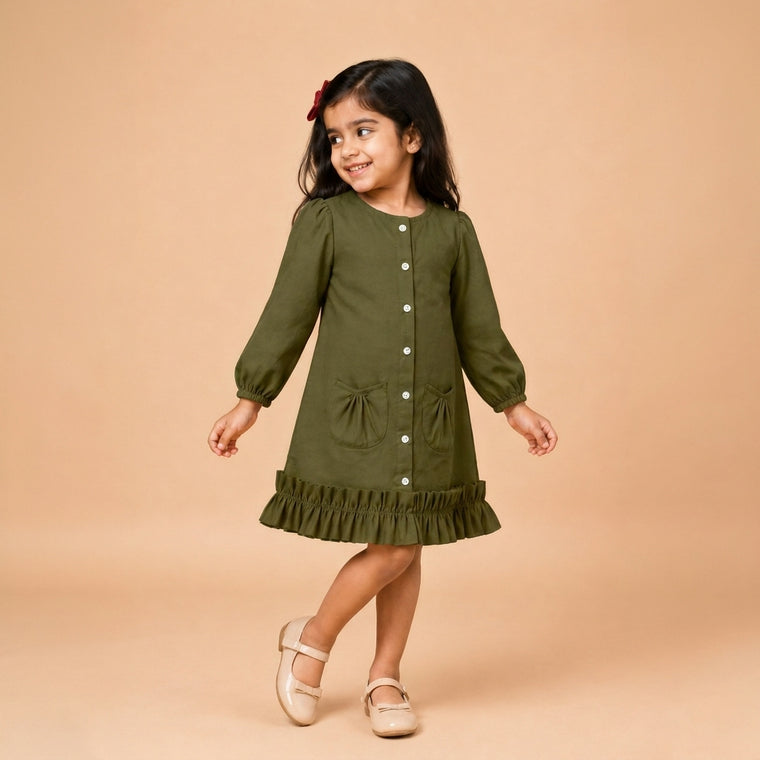 Gigi x Tyohaar | A-line Frock with Bubble Sleeve in Deep Olive Green Linen