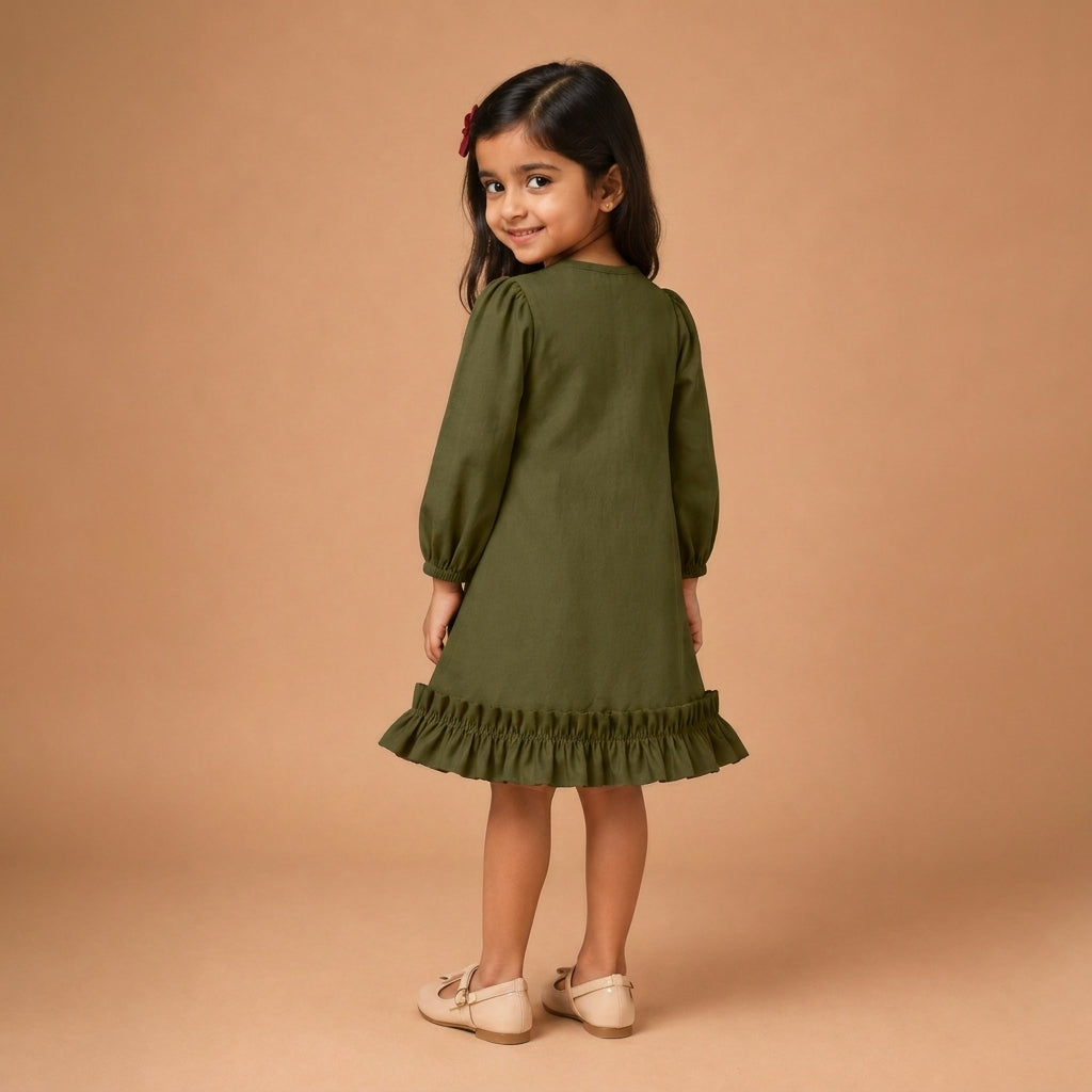 Gigi x Tyohaar | A-line Frock with Bubble Sleeve in Deep Olive Green Linen