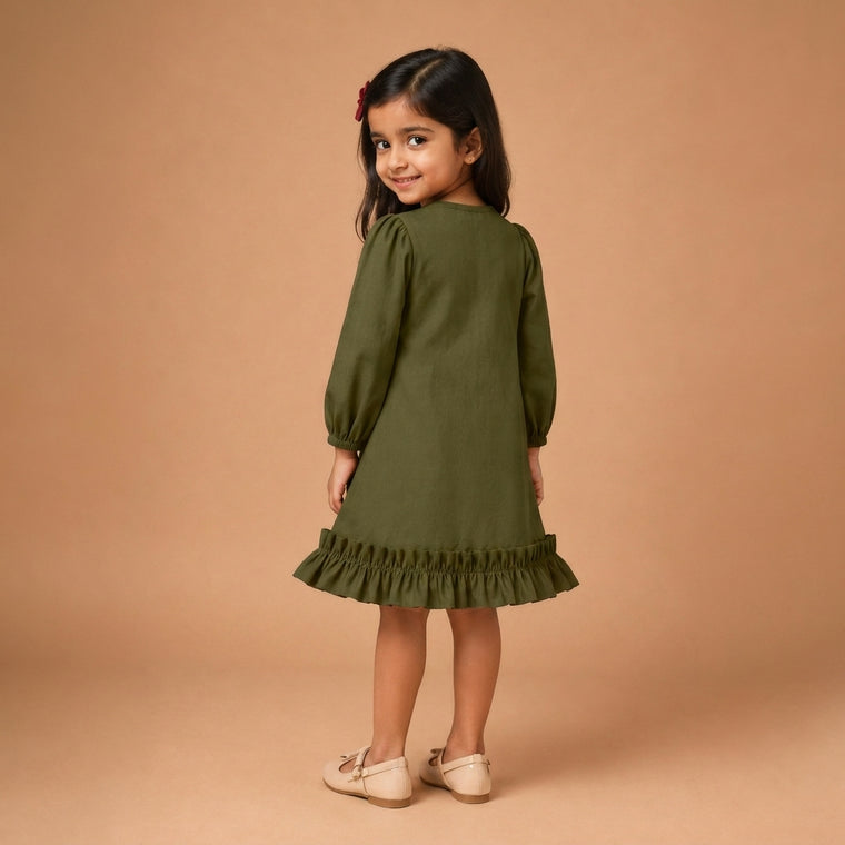 Gigi x Tyohaar | A-line Frock with Bubble Sleeve in Deep Olive Green Linen