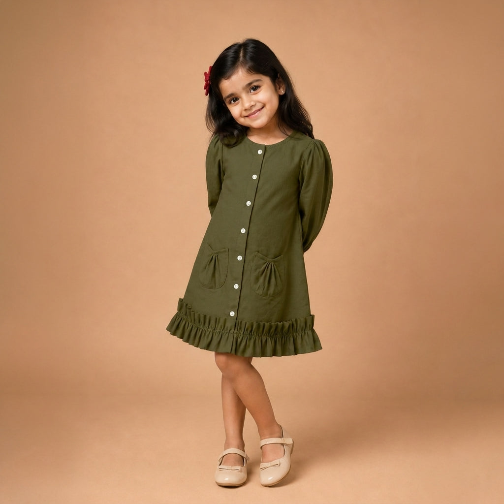Gigi x Tyohaar | A-line Frock with Bubble Sleeve in Deep Olive Green Linen