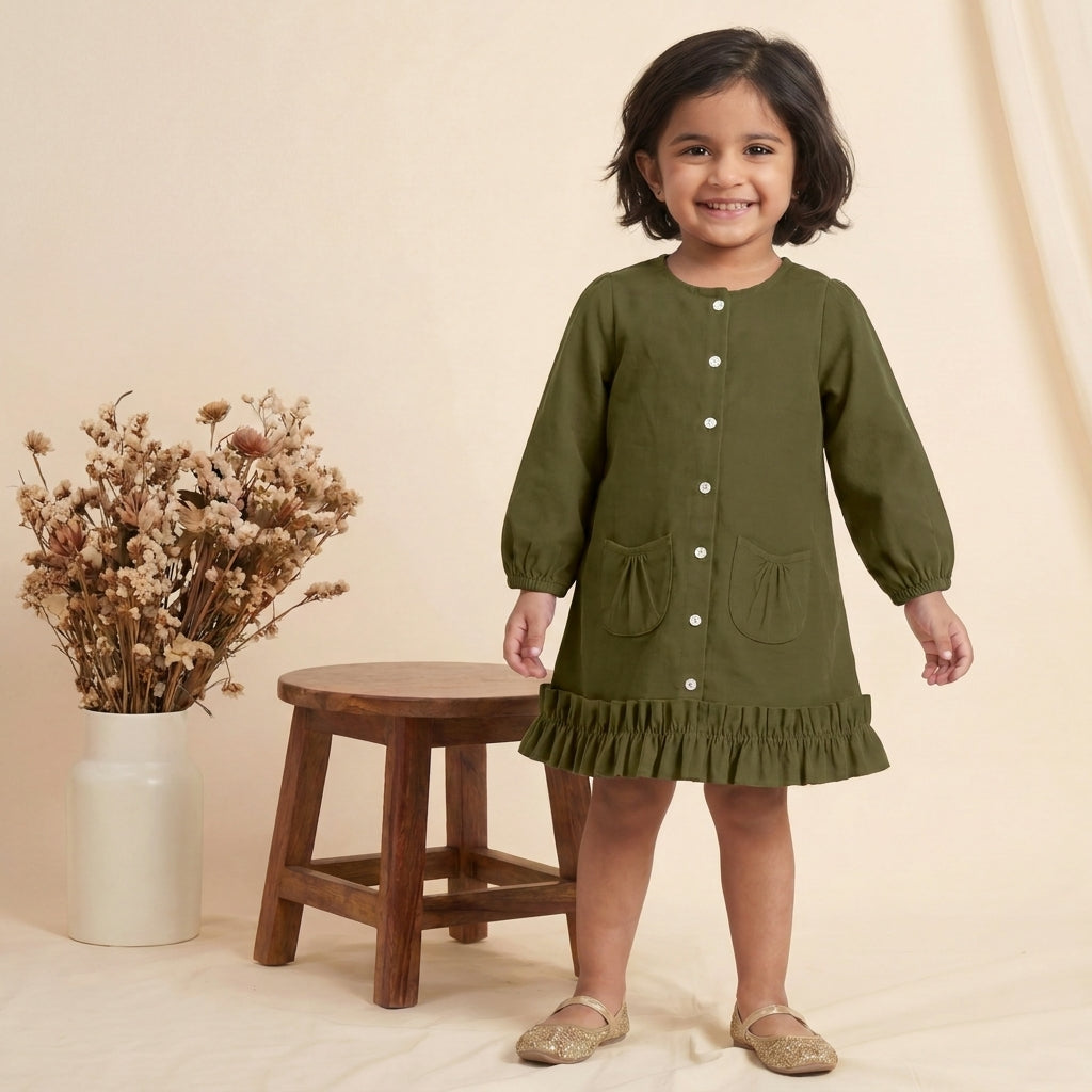 Gigi x Tyohaar | A-line Frock with Bubble Sleeve in Deep Olive Green Linen