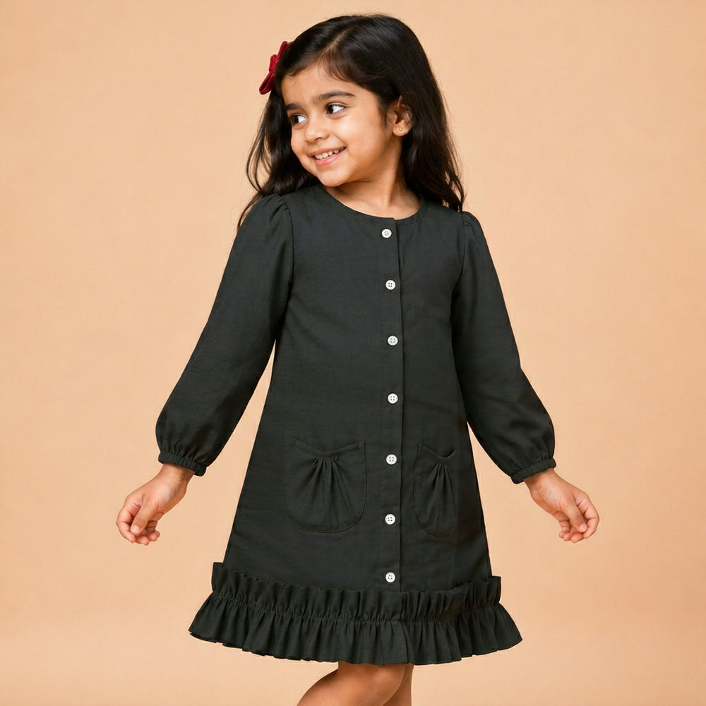 Gigi x Tyohaar | A-line Frock with Bubble Sleeve in Ebony Black Linen