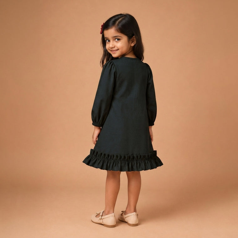 Gigi x Tyohaar | A-line Frock with Bubble Sleeve in Ebony Black Linen