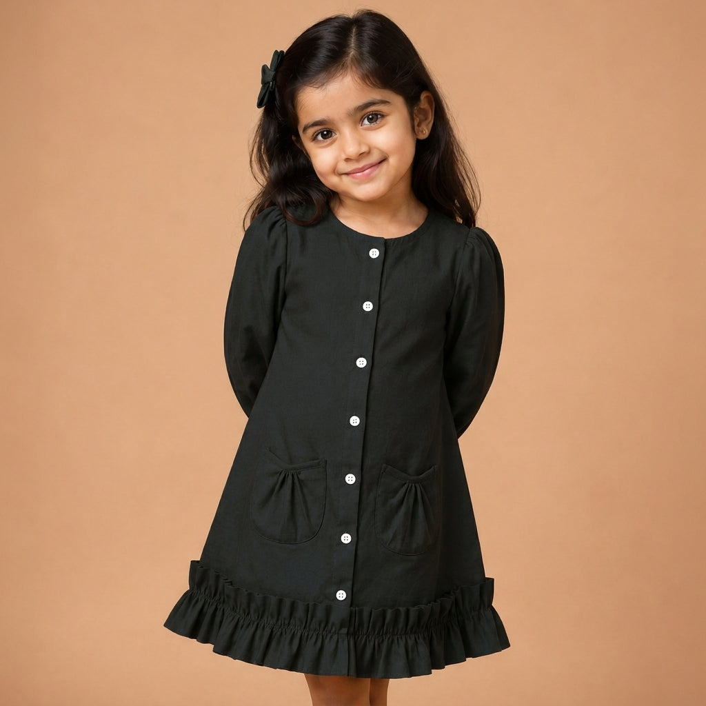 Gigi x Tyohaar | A-line Frock with Bubble Sleeve in Ebony Black Linen