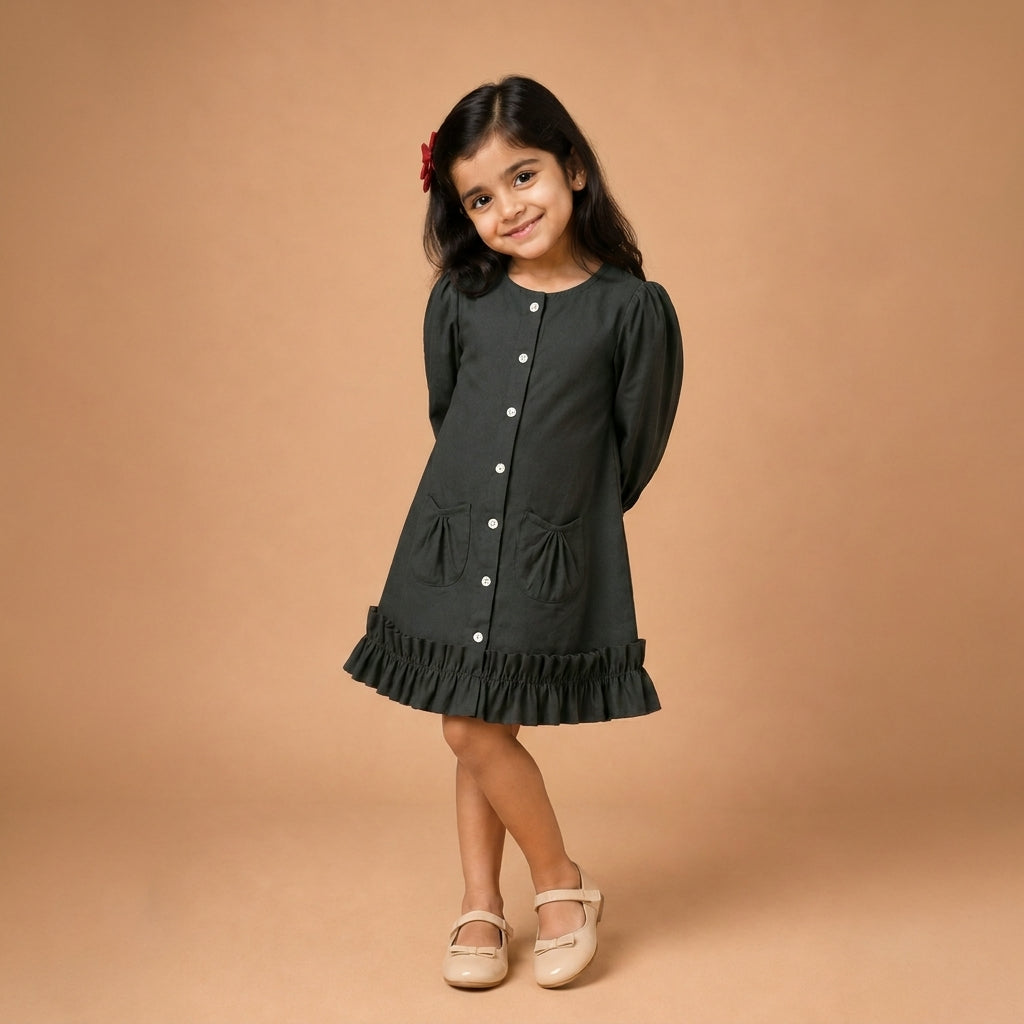 Gigi x Tyohaar | A-line Frock with Bubble Sleeve in Ebony Black Linen