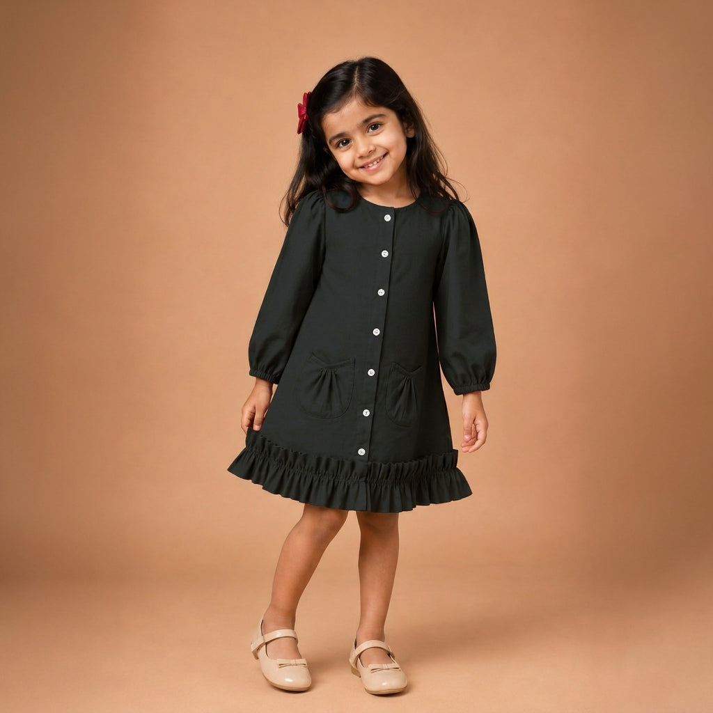 Gigi x Tyohaar | A-line Frock with Bubble Sleeve in Ebony Black Linen