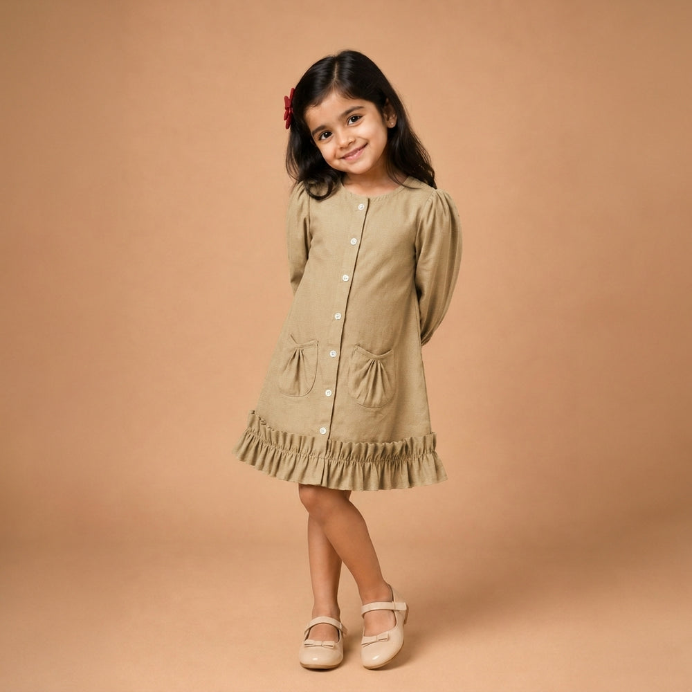 Gigi x Tyohaar | A-line Frock with Bubble Sleeve in Ecru Beige Linen