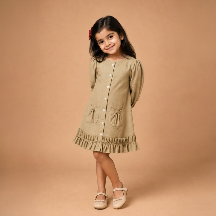 Gigi x Tyohaar | A-line Frock with Bubble Sleeve in Ecru Beige Linen