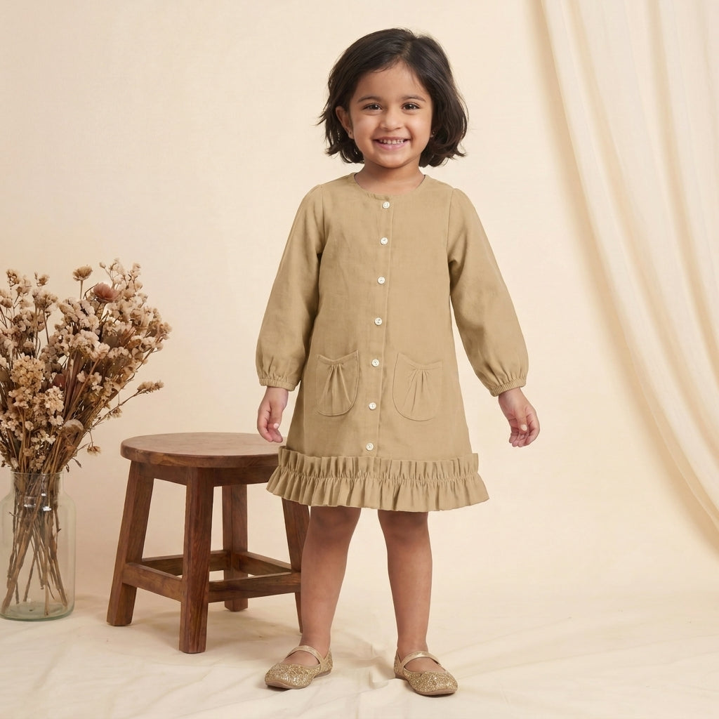 Gigi x Tyohaar | A-line Frock with Bubble Sleeve in Ecru Beige Linen