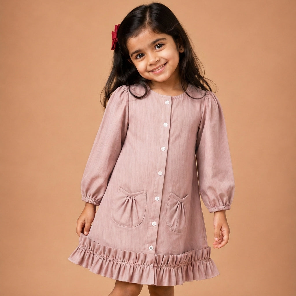 Gigi x Tyohaar | A-line Frock with Bubble Sleeve in Misty Pink Linen