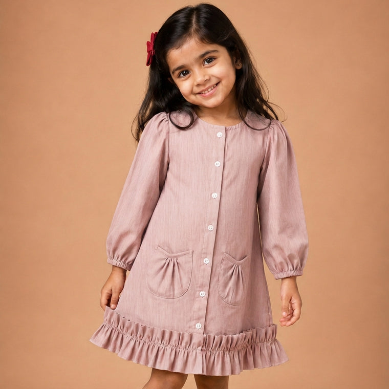 Gigi x Tyohaar | A-line Frock with Bubble Sleeve in Misty Pink Linen