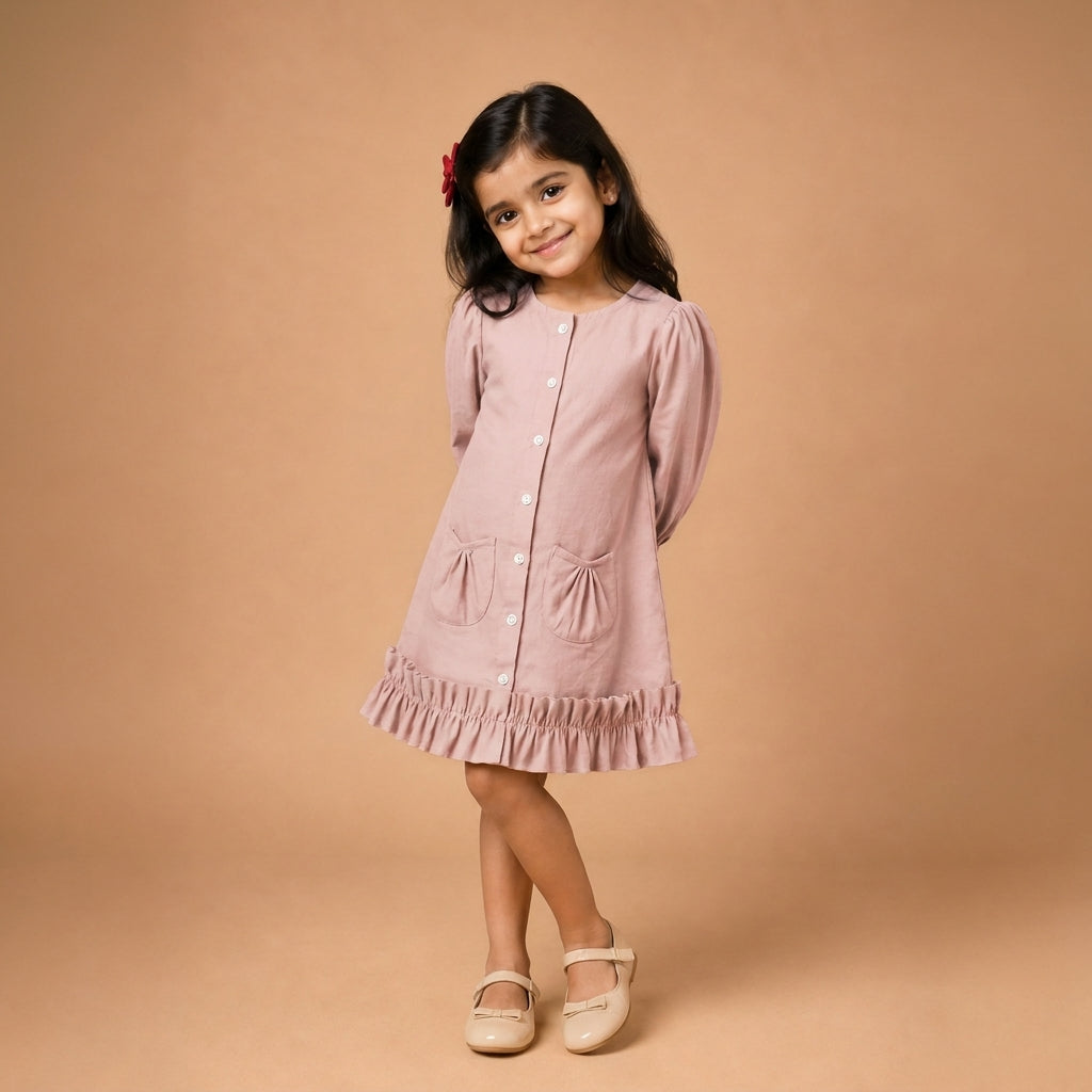 Gigi x Tyohaar | A-line Frock with Bubble Sleeve in Misty Pink Linen