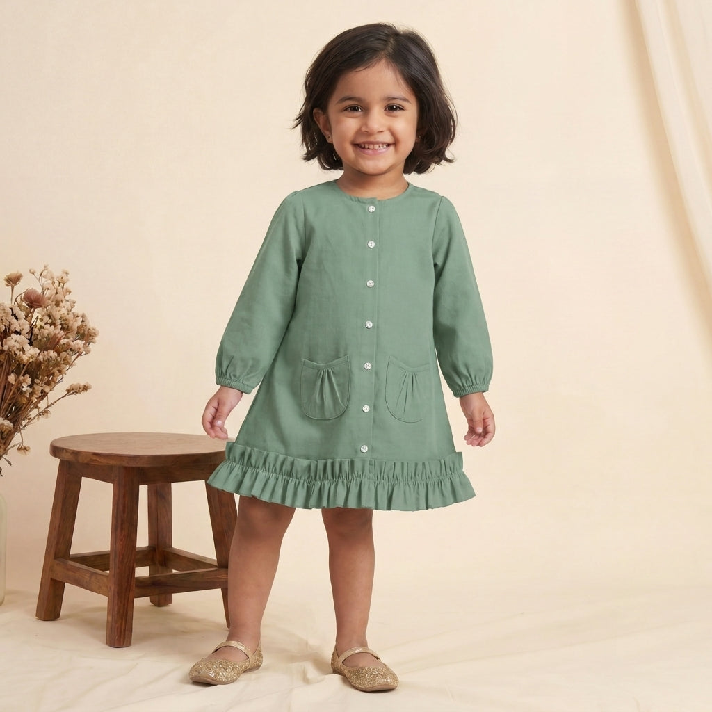Gigi x Tyohaar | A-line Frock with Bubble Sleeve in Peppermint Green Linen