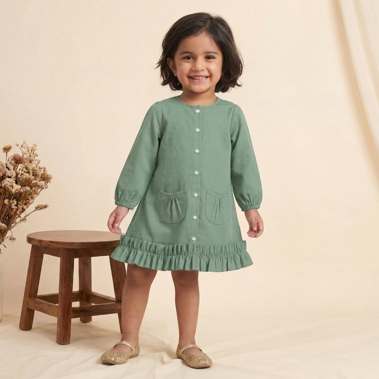 Gigi x Tyohaar | A-line Frock with Bubble Sleeve in Peppermint Green Linen