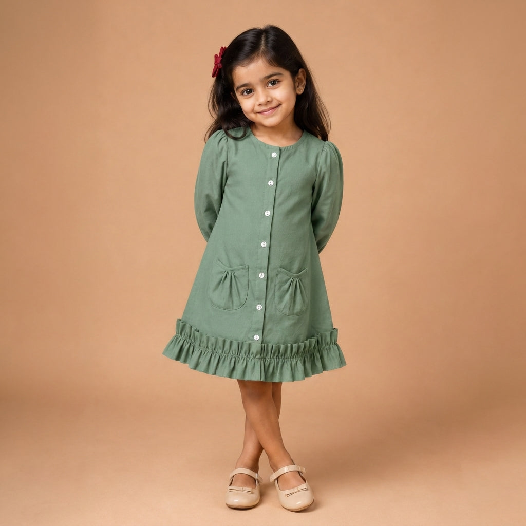 Gigi x Tyohaar | A-line Frock with Bubble Sleeve in Peppermint Green Linen