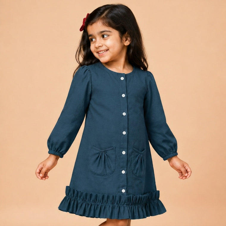 Gigi x Tyohaar | A-line Frock with Bubble Sleeve in Regal Blue Linen
