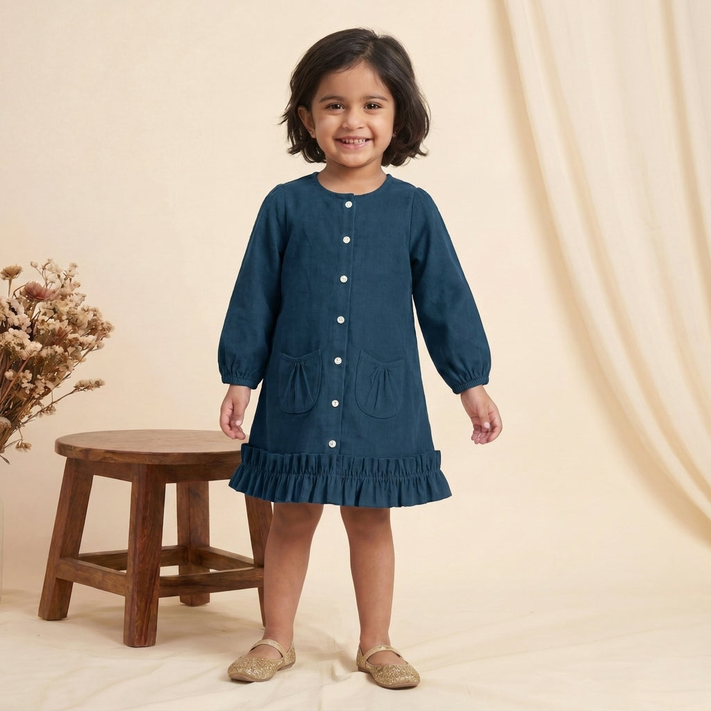 Gigi x Tyohaar | A-line Frock with Bubble Sleeve in Regal Blue Linen
