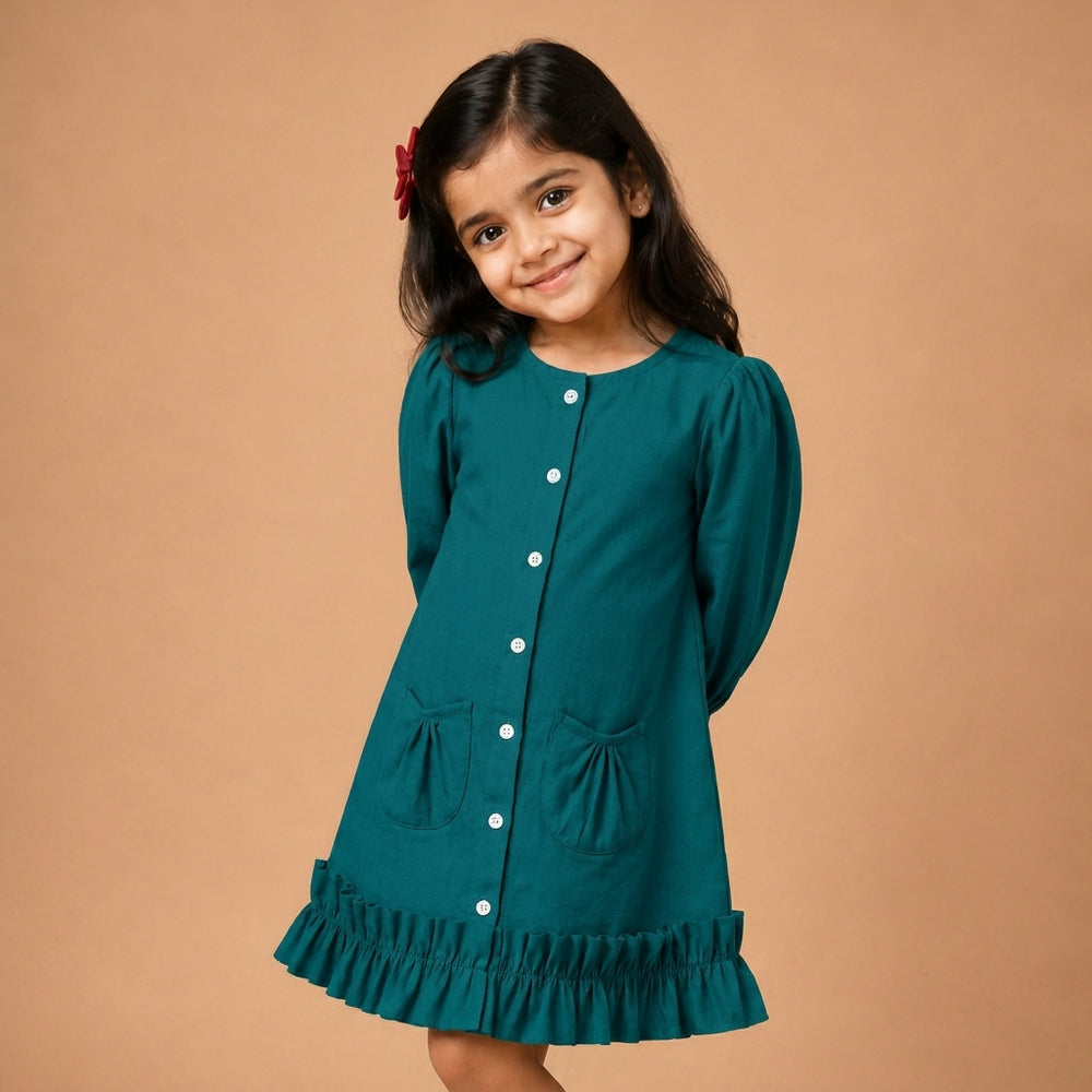 Gigi x Tyohaar | A-line Frock with Bubble Sleeve in Teal Blue Linen