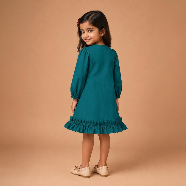 Gigi x Tyohaar | A-line Frock with Bubble Sleeve in Teal Blue Linen