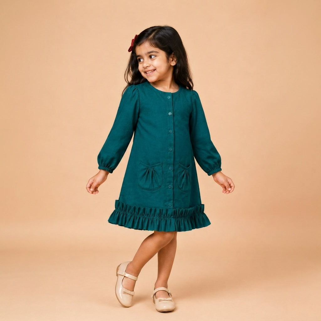 Gigi x Tyohaar | A-line Frock with Bubble Sleeve in Teal Blue Linen
