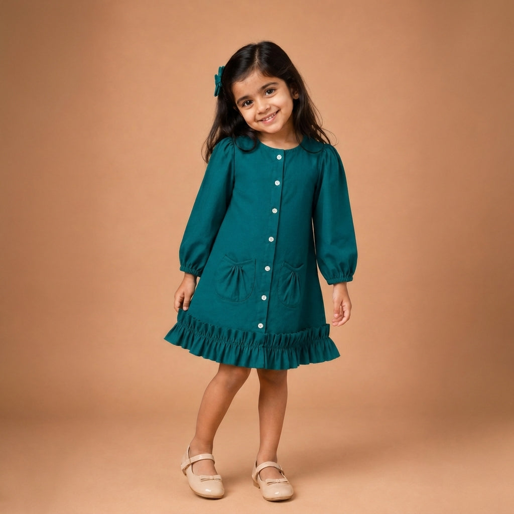 Gigi x Tyohaar | A-line Frock with Bubble Sleeve in Teal Blue Linen