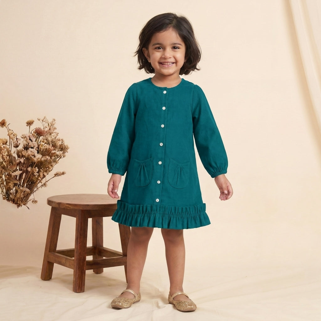 Gigi x Tyohaar | A-line Frock with Bubble Sleeve in Teal Blue Linen